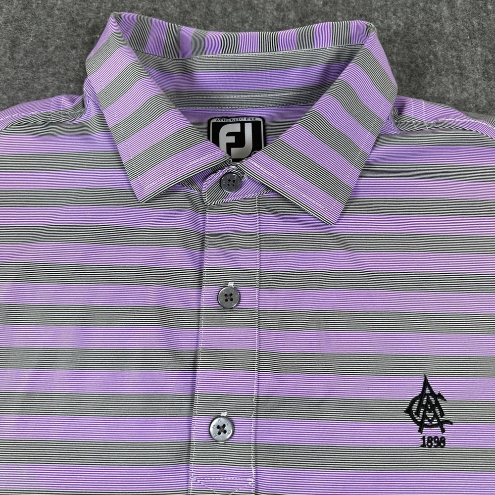 FootJoy FJ Golf Polo Shirt Mens XL Athletic Fit Purple Gray Striped 1895 Logo